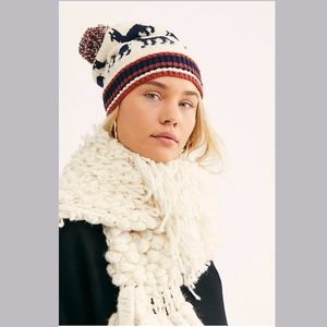 Free People Navy and Red Knit Pom-Pom Hat